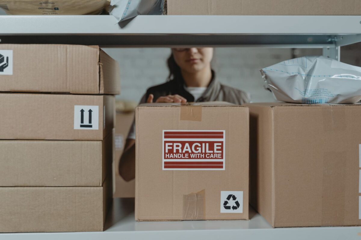 A woman inspecting a package